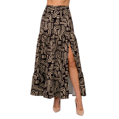 Falda Midi Mujer Estampada Negra con Olanes y Abertura en Pierna
