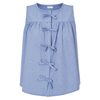Blusa Azul Mujer Sin Mangas Cuadros Pequeños con Moños