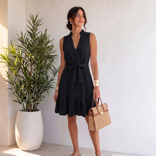 Vestido negro sin mangas con cuello fruncido y cinturón