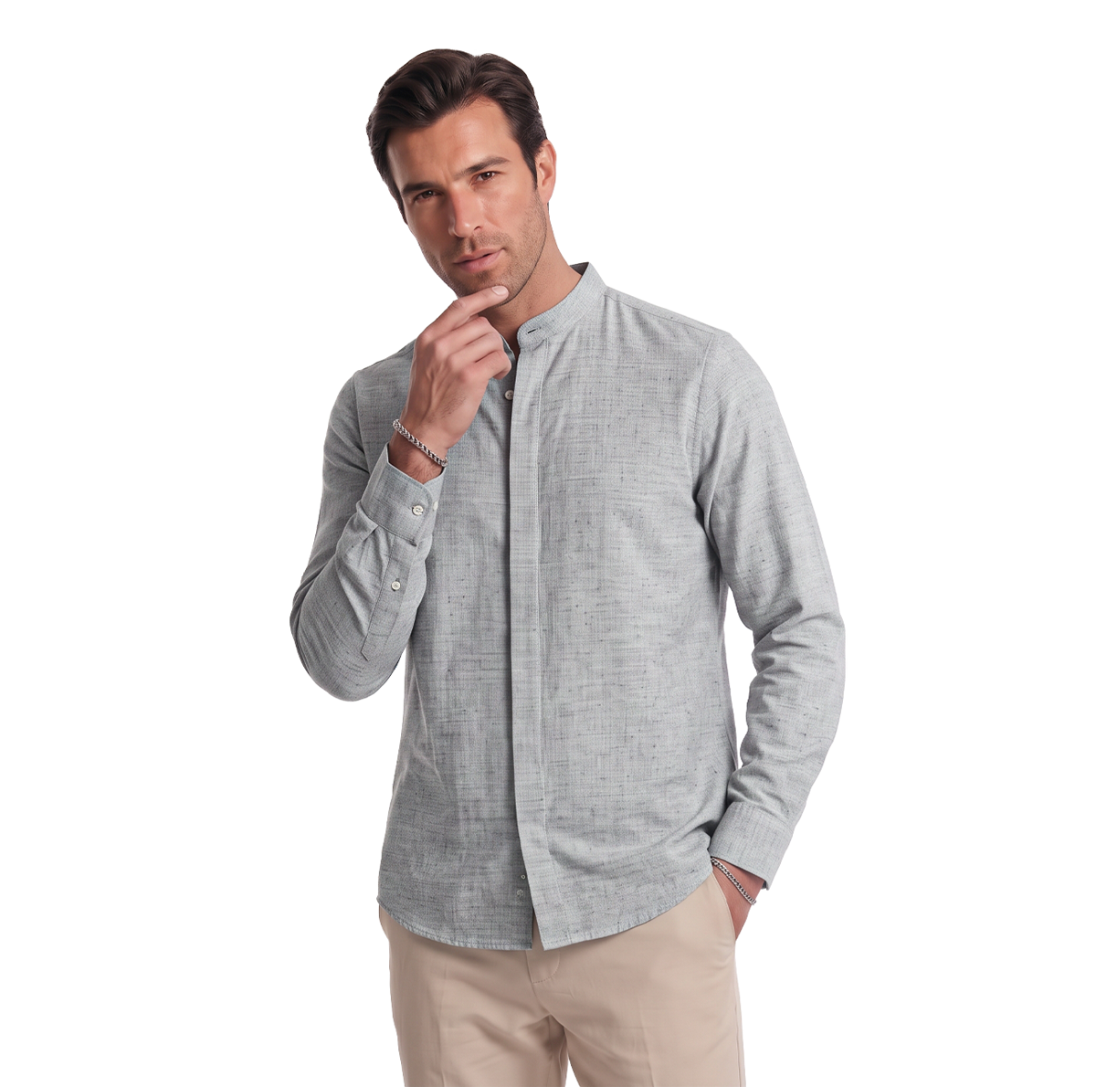 Camisa de hombre manga larga con cuello mao gris