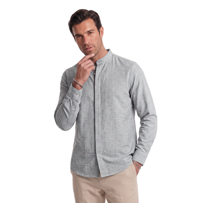Camisa de hombre manga larga con cuello mao gris