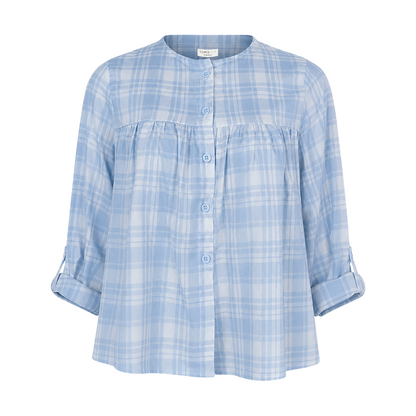 Blusa de cuadros con cuello mao y botones frontales