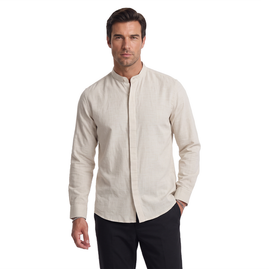 Camisa de manga larga con cuello mao color beige