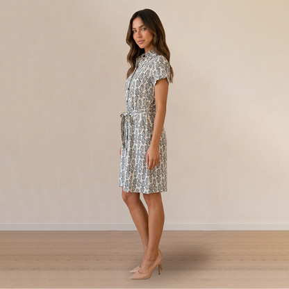 Vestido Negro Corto Mujer Camisero Estampado Casual con Cinturón