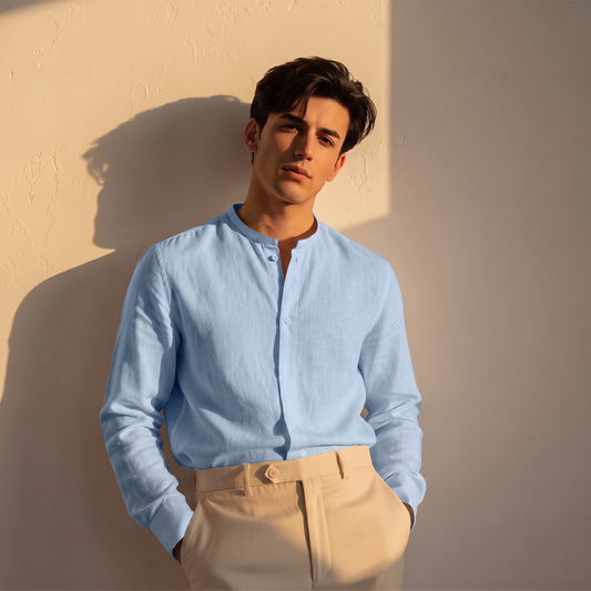 Camisa Azul Manga Larga Hombre Cuello Redondo Textura Moderna