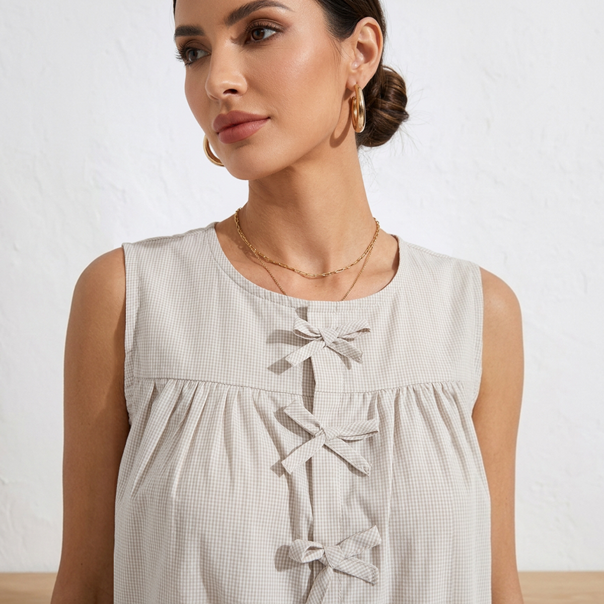 Blusa Mujer Sisada Estampado Cuadros con Moños y Botones Ocultos Color Arena