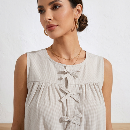 Blusa Mujer Sisada Estampado Cuadros con Moños y Botones Ocultos Color Arena