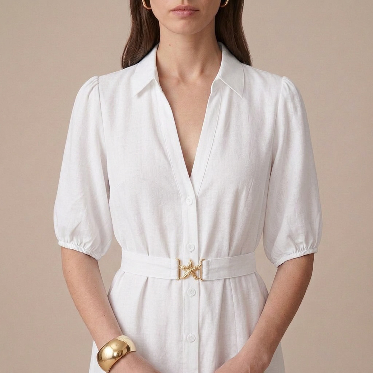 Vestido Camisero Largo Mujer Crudo Escote V Manga Elástica con Cinturón