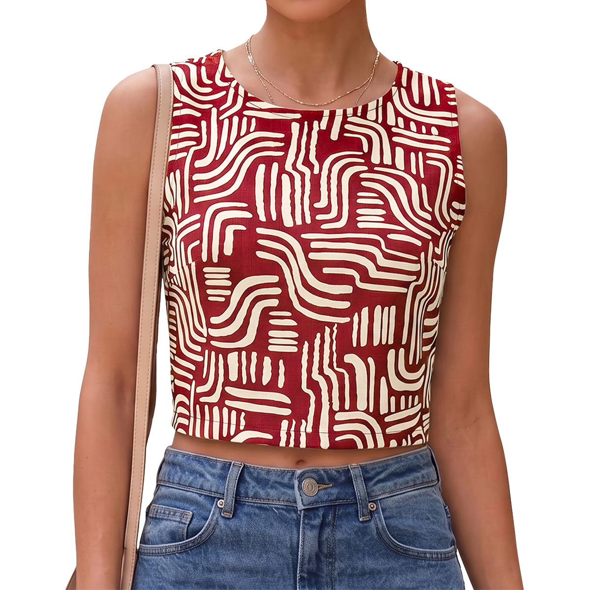 Blusa Corta Mujer Sisada con Estampado Rojo  y Cuello Redondo