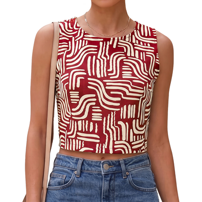 Blusa Corta Mujer Sisada con Estampado Rojo  y Cuello Redondo