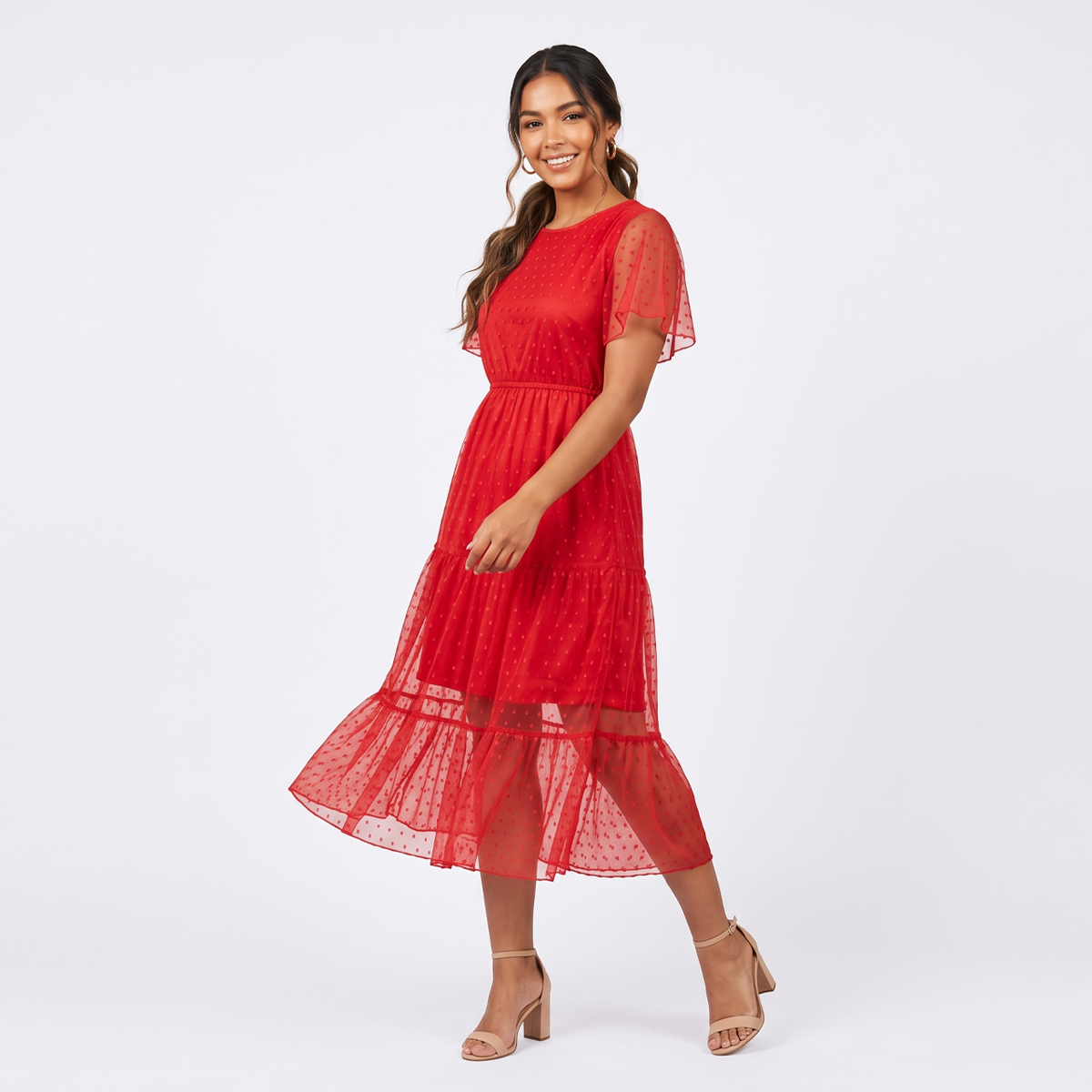 Vestido  Rojo Mujer Midi de Mesh con Forro al Tono y Elástico