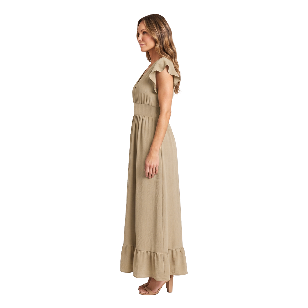 Vestido Largo Mujer Escote V con Elástico en Espalda Color Caqui