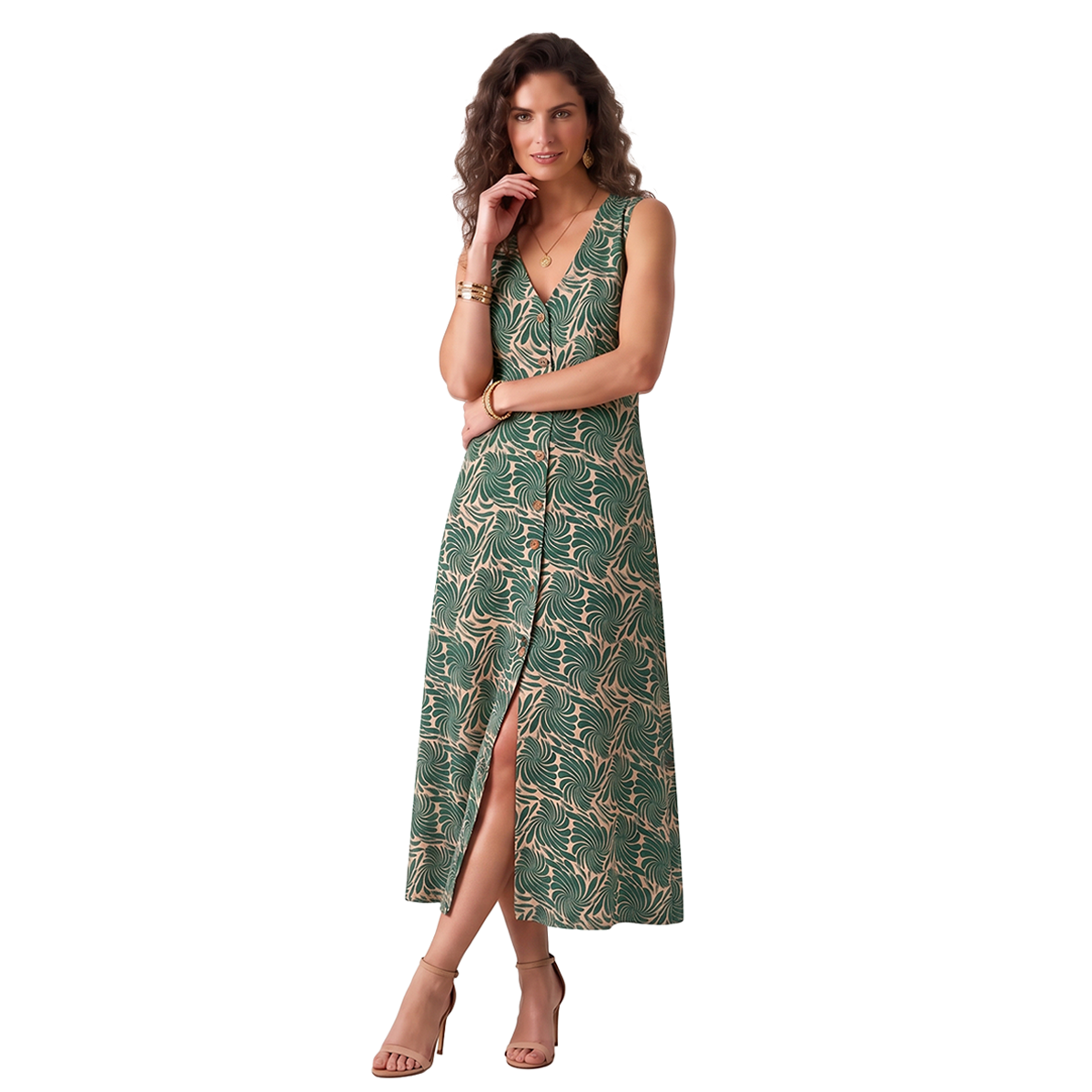 Vestido Midi sin Mangas con Estampado Tropical de Hojas