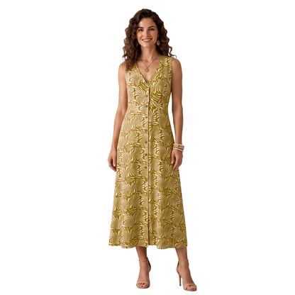 Vestido midi sin mangas con estampado swirl mostaza y blanco