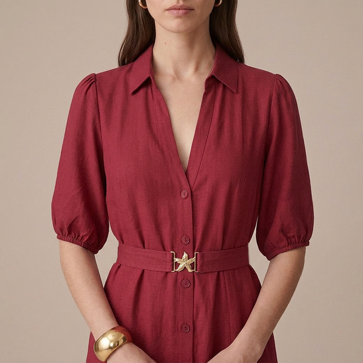 Vestido Rojo Vino Largo Mujer Camisero Escote V Cinturón Ajustable Dorado