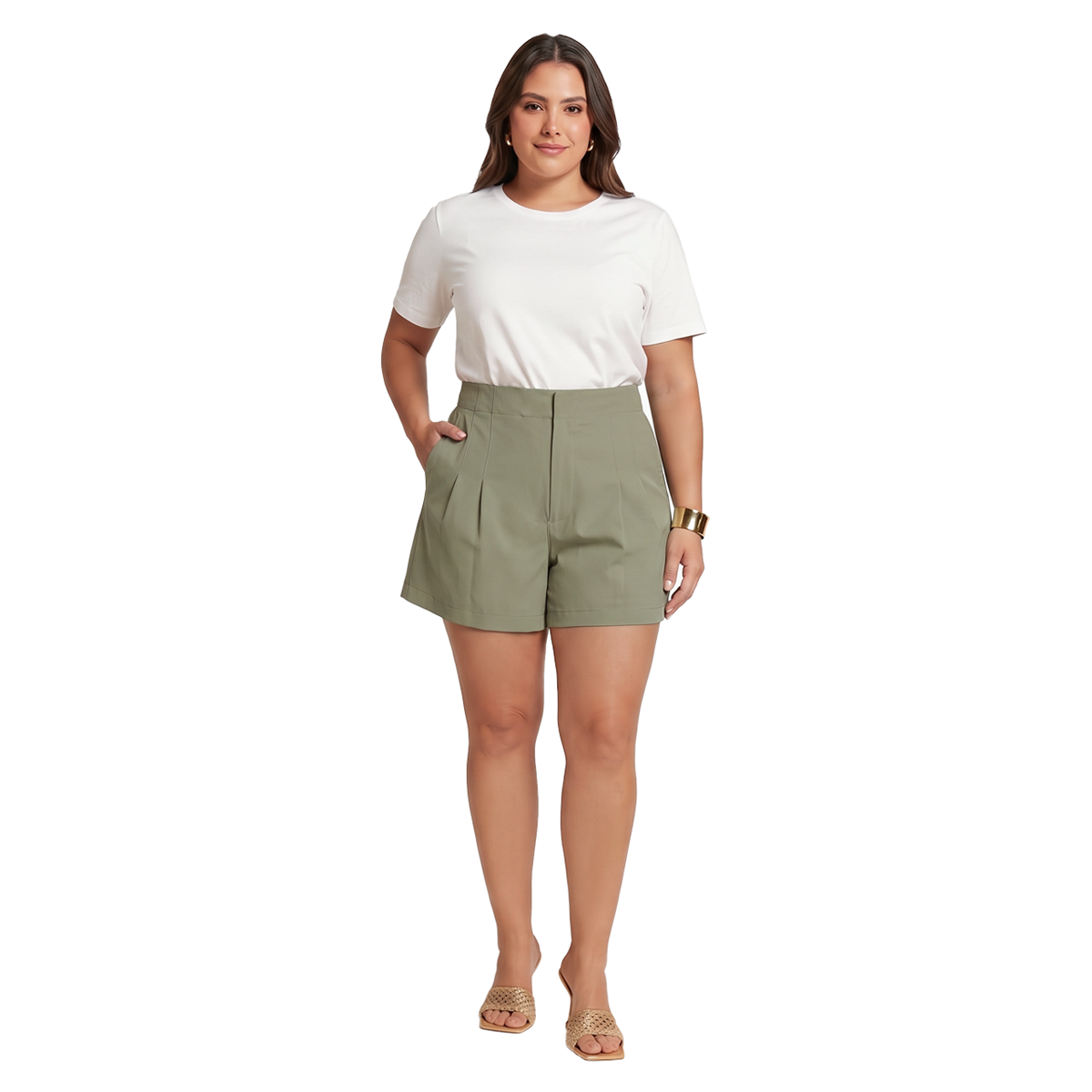 Short de tiro alto con pinzas color verde oliva