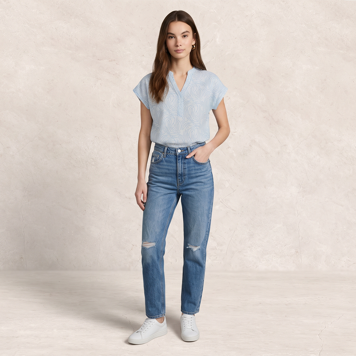 Blusa azul de Algodón Mujer Cuello Mao Estampada Fresca