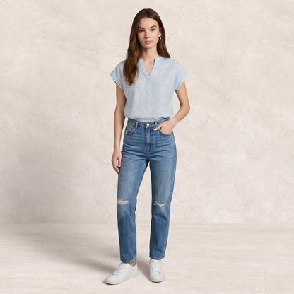 Blusa azul de Algodón Mujer Cuello Mao Estampada Fresca