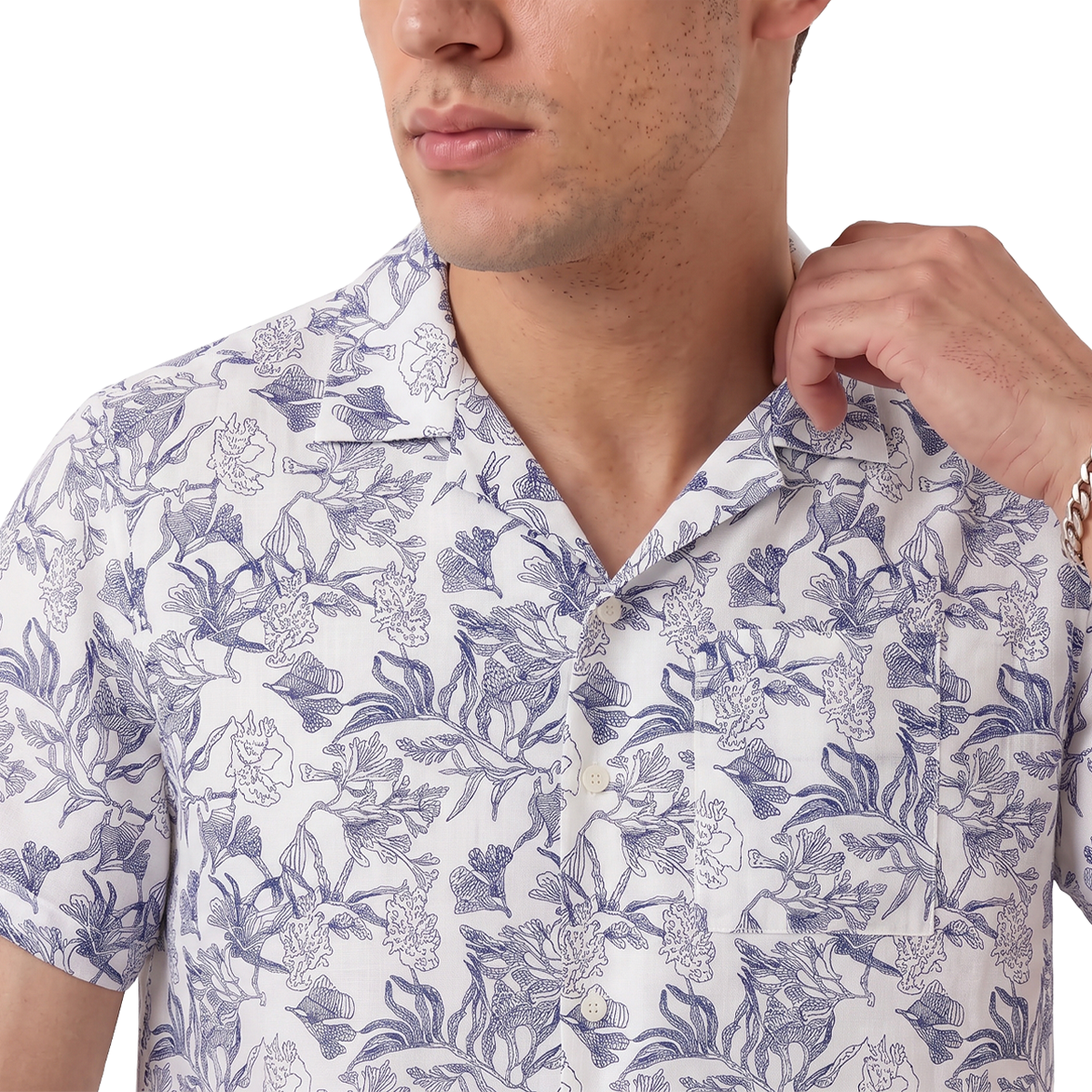 Camisa Floral Line Art Tropical Hombre Manga Corta Casual