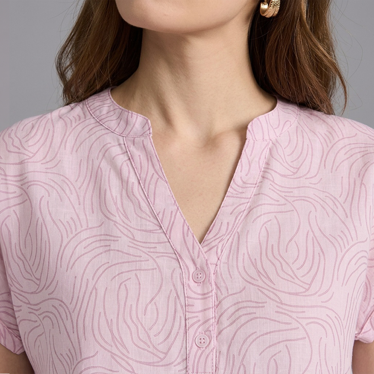 Blusa Rosada Mujer Algodón Estampada Escote V Cuello Mao Casual