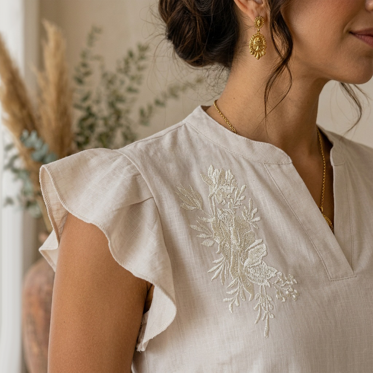 Blusa Mujer Algodón Arena Bordado Artesanal Cuello Mao Moderna