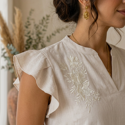 Blusa Mujer Algodón Arena Bordado Artesanal Cuello Mao Moderna
