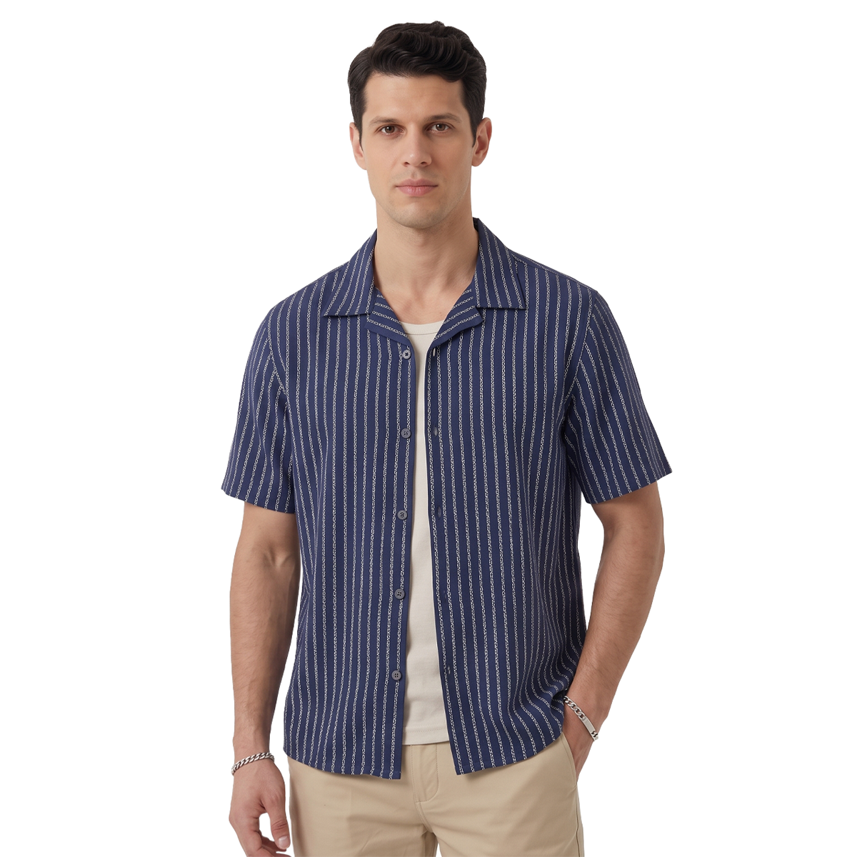 Camisa Azul Marino Estampado Casual Hombre Loose Fit Algodón