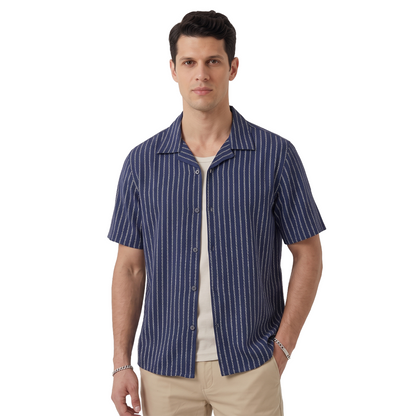 Camisa Azul Marino Estampado Casual Hombre Loose Fit Algodón