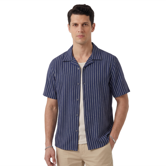 Men's Navy Blue Casual Printed Loose Fit Cotton Shirt