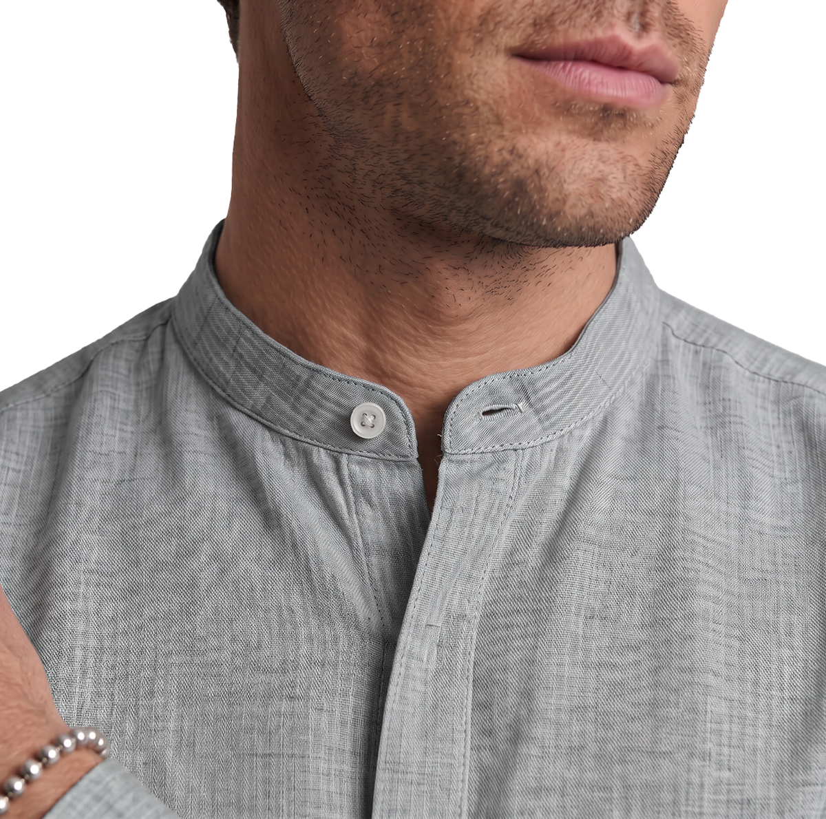 Camisa de hombre manga larga con cuello mao gris