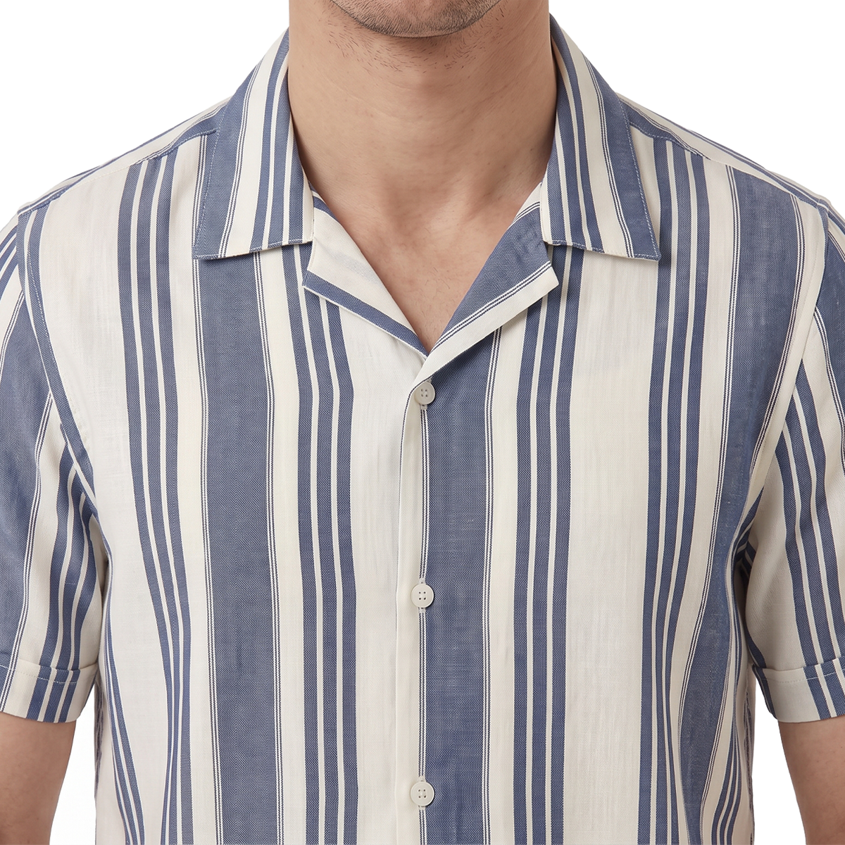 Camisa Hombre Loose Fit Estampado Vertical Cuello Resort Tela Algodón
