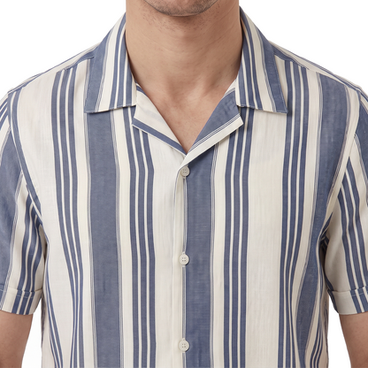 Camisa Hombre Loose Fit Estampado Vertical Cuello Resort Tela Algodón