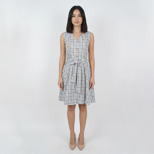 Vestido Camisero Corto Mujer Escote V Estampado Cuadros Azules