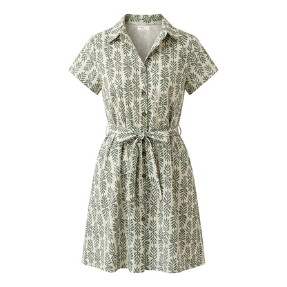 Vestido Casual Camisero Corto Mujer Estampado con Cinturón Ajustable Verde