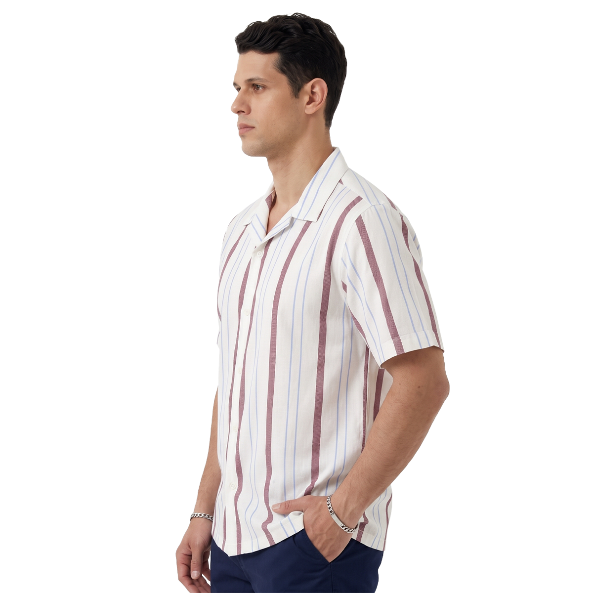 Camisa Hombre Estampado Vertical Cuello Resort de Algodón Corte Loose Fit