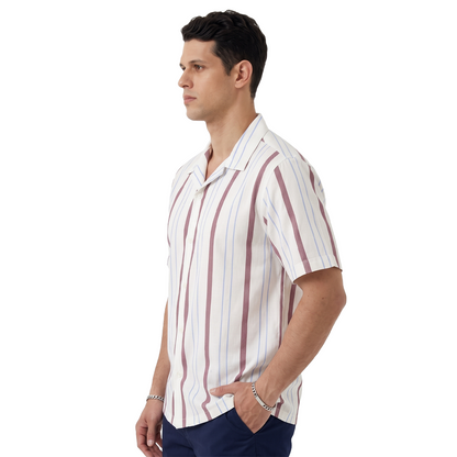 Camisa Hombre Estampado Vertical Cuello Resort de Algodón Corte Loose Fit