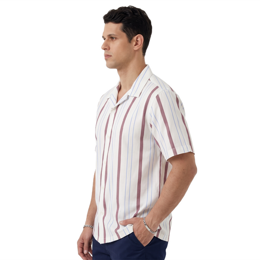 Men's Vertical Print Resort Collar Cotton Loose Fit Shirt