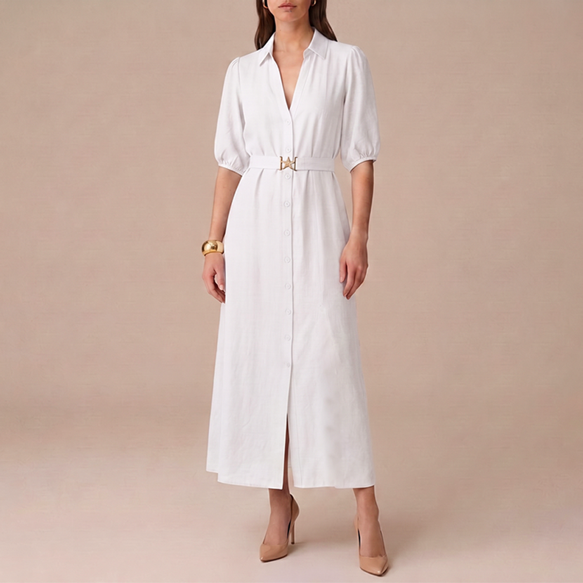 Vestido Camisero Largo Mujer Crudo Escote V Manga Elástica con Cinturón