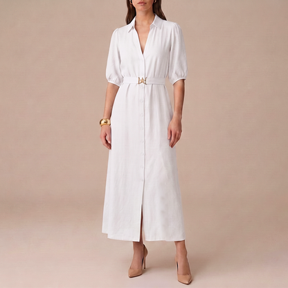 Vestido Camisero Largo Mujer Crudo Escote V Manga Elástica con Cinturón