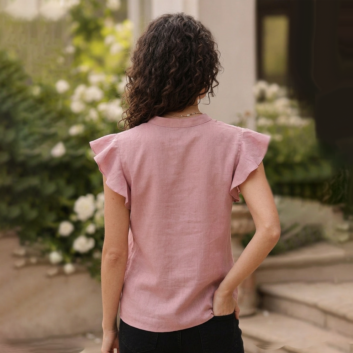 Blusa Mujer Cuello Mao Bordada Artesanal Fresca y Casual Palo de Rosa