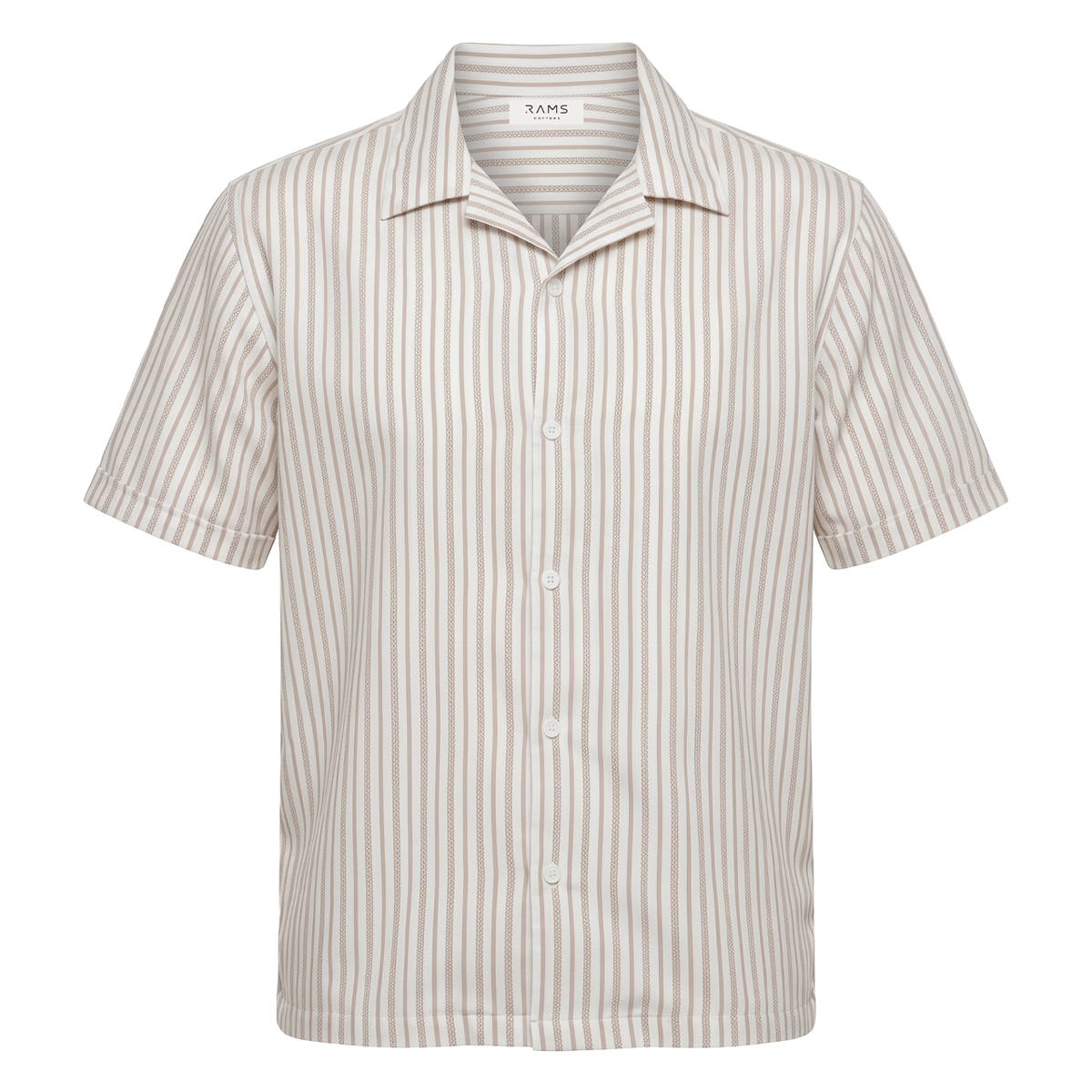 Camisa Hombre Algodón Loose Fit Estampado Vertical Caqui y Blanco Manga Corta