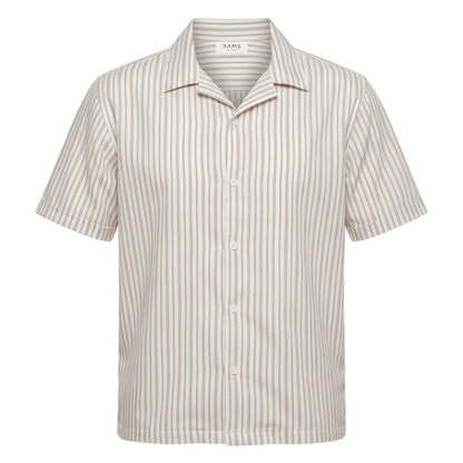Camisa Hombre Algodón Loose Fit Estampado Vertical Caqui y Blanco Manga Corta