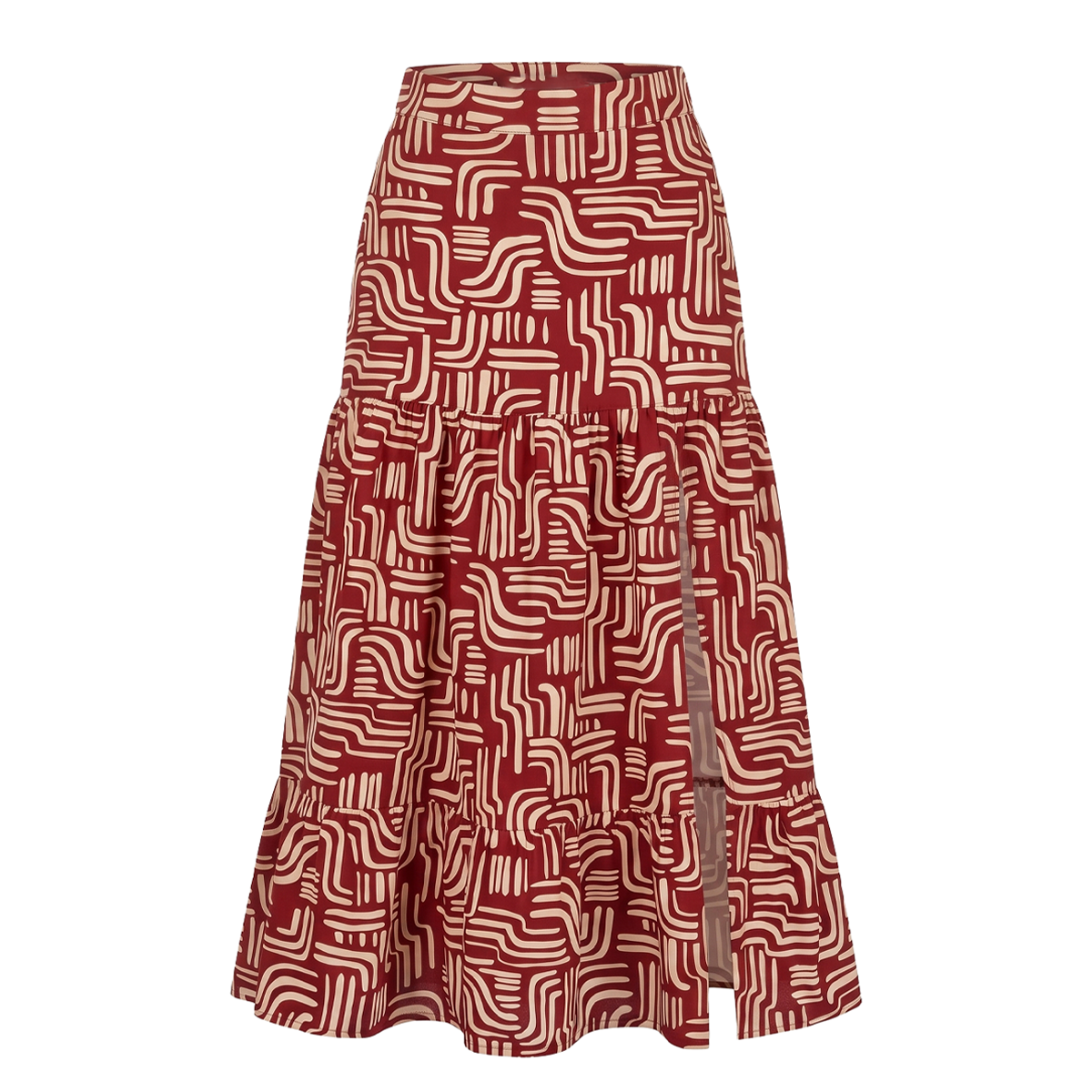 Falda Midi Estampado Rojo Mujer con Olanes y Cintura Elástica