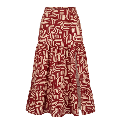 Falda Midi Estampado Rojo Mujer con Olanes y Cintura Elástica