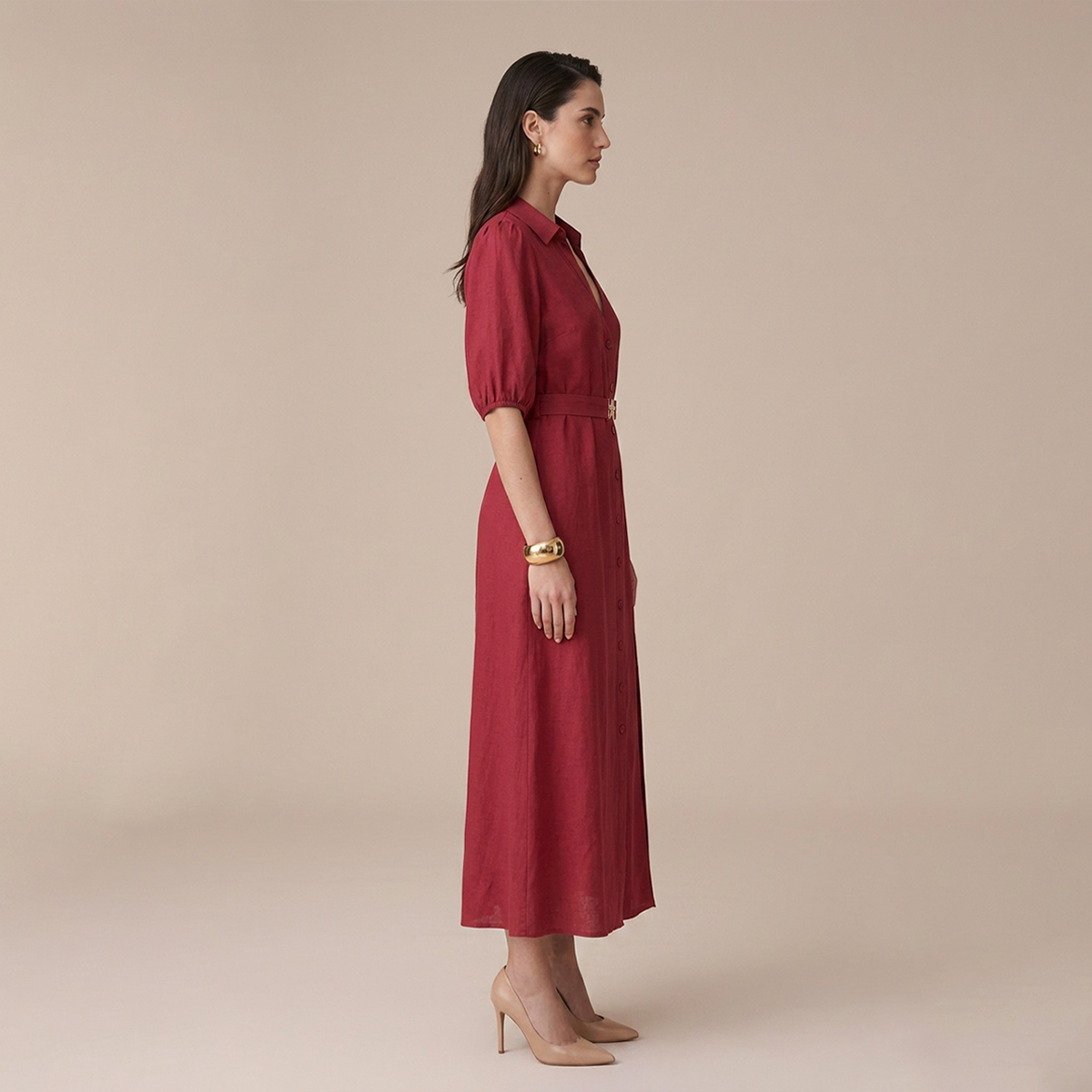 Vestido Rojo Vino Largo Mujer Camisero Escote V Cinturón Ajustable Dorado
