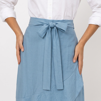 Falda Azul Cielo Midi Mujer Asimétrica Cintura Elástica con Moño Frontal