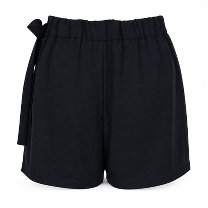 Falda Short Negra Mujer Moderna Ligera con Moño al Costado