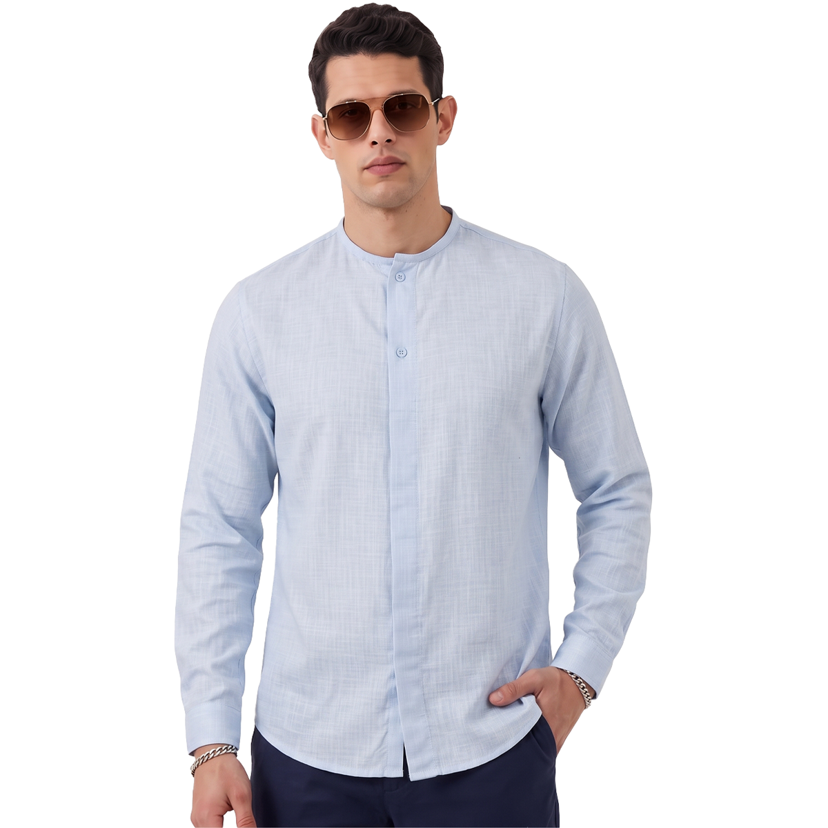 Camisa Azul Manga Larga Hombre Cuello Redondo Textura Moderna