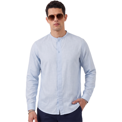Camisa Azul Manga Larga Hombre Cuello Redondo Textura Moderna
