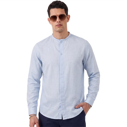 Camisa Azul Manga Larga Hombre Cuello Redondo Textura Moderna